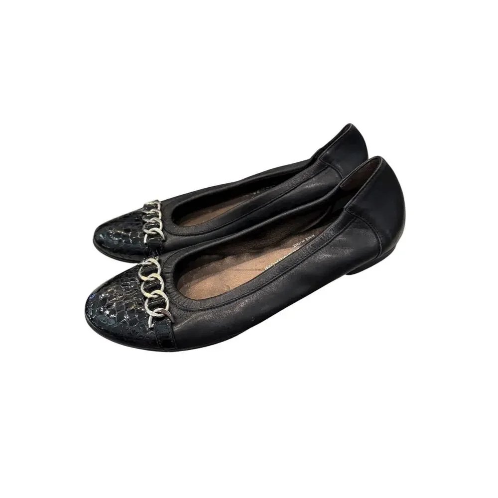 AGL Black Leather Croc Cap Toe Chain Ballet Flats EU 39 US 9